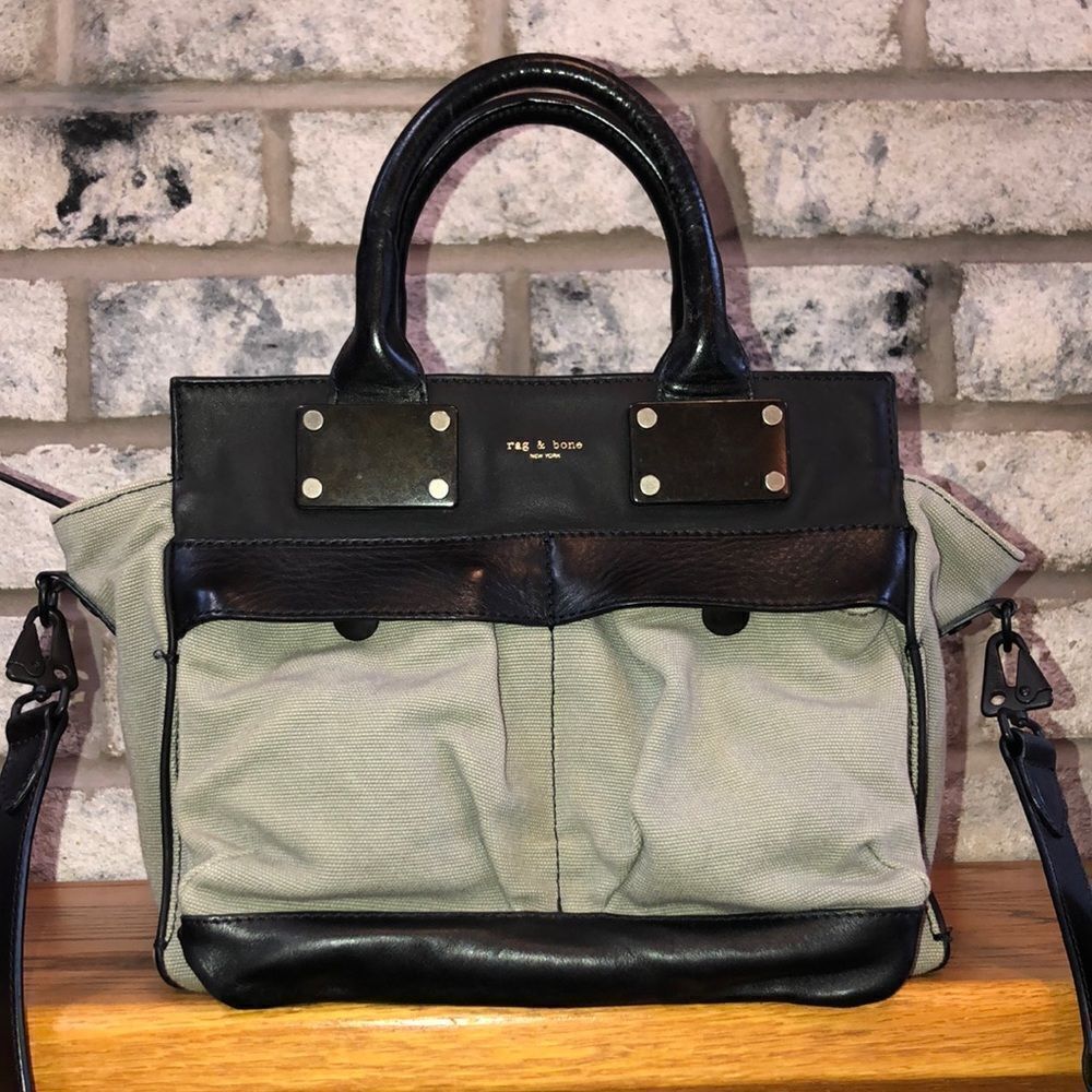 rag & bone Ashton Black Green Leather Canvas Satchel Crossbody Strap